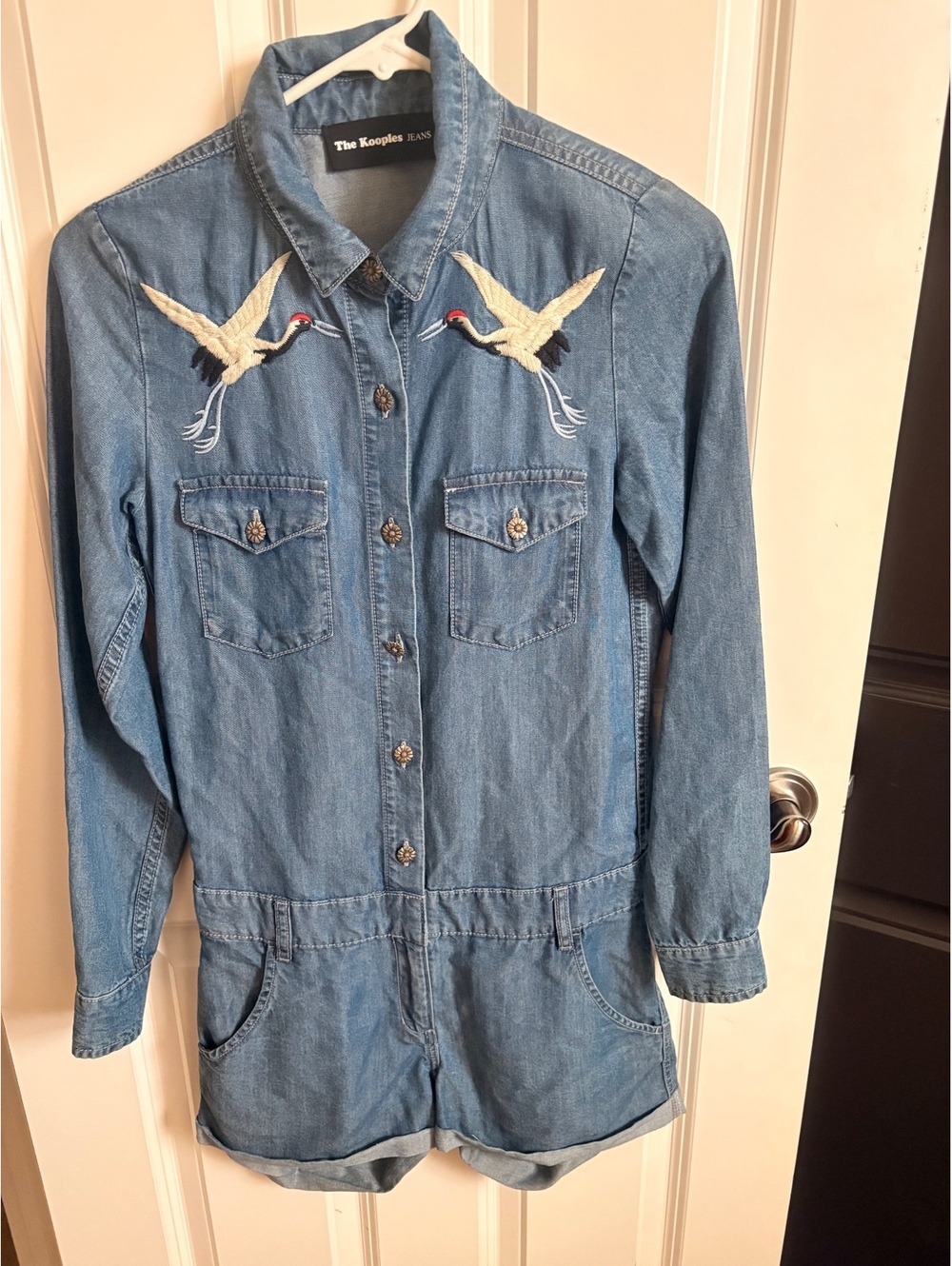 The Kooples Blue Denim Romper Embroidered Crane Motif XXS
